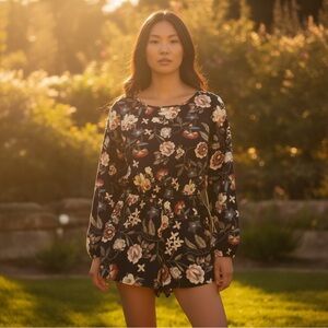 One Clothing Los Angeles Floral Long Sleeve Romper Navy Dark Romantic